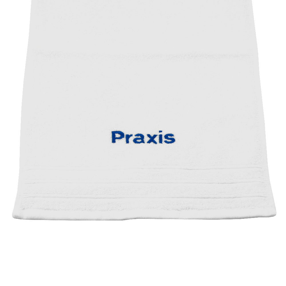White Terry Towels With Blue Embroidery " Praxis"
